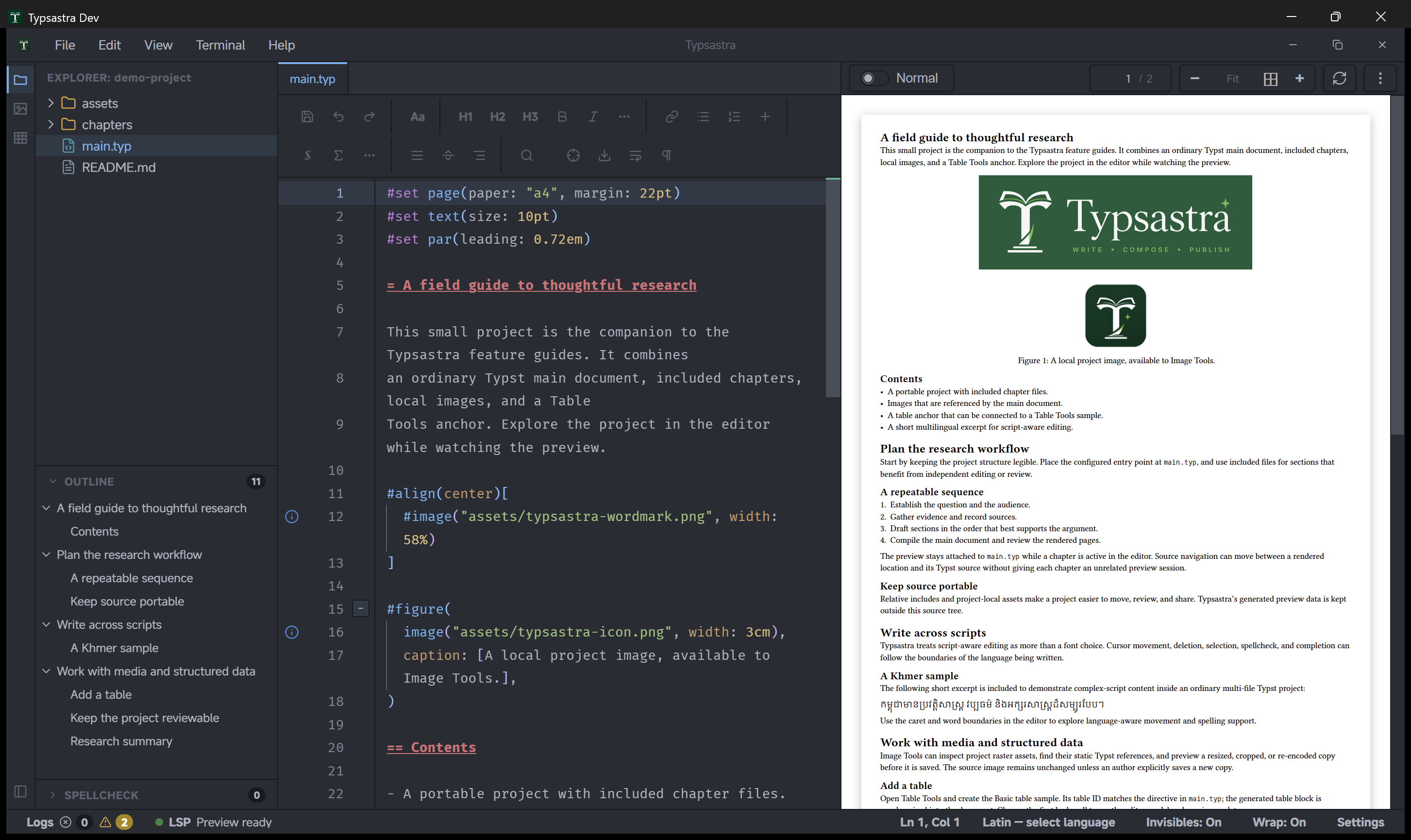 Typsastra's editor, project Explorer, and live PDF preview