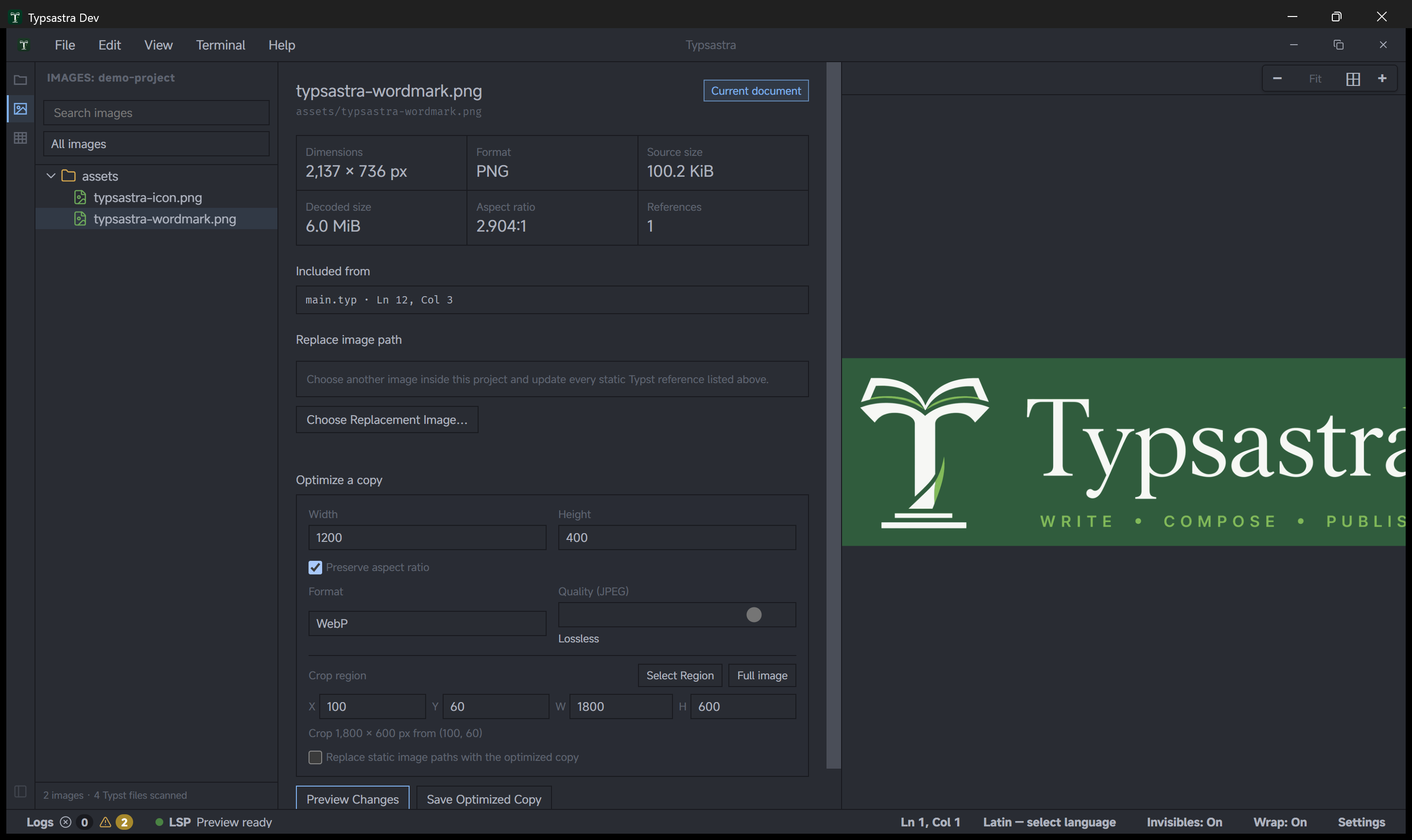 Image Tools showing asset metadata, references, crop controls, and an optimization preview