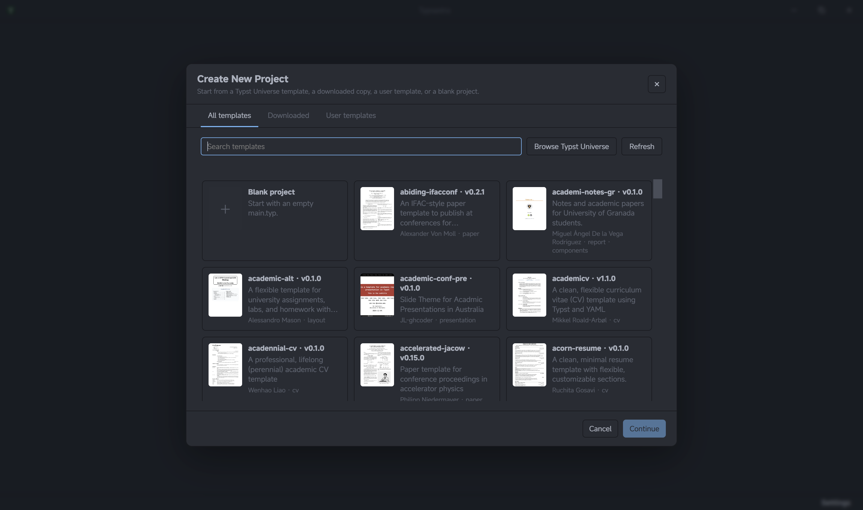 Create New Project browser with Universe, downloaded, and user templates