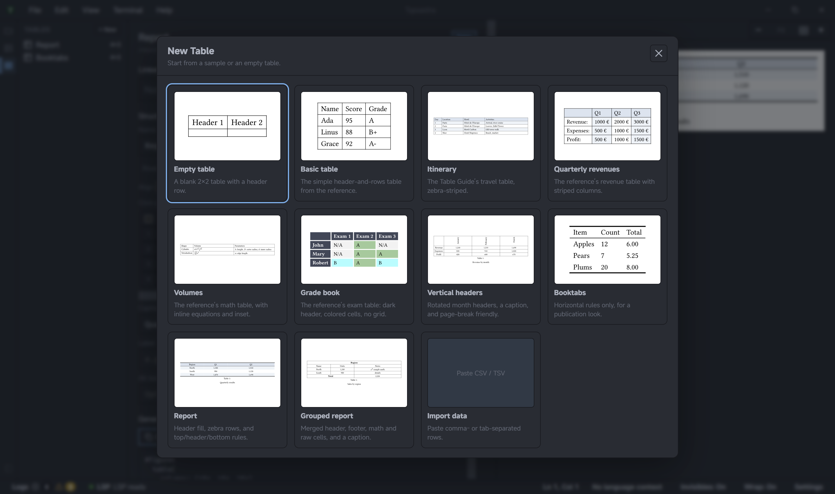 New Table dialog with built-in table layouts and data import