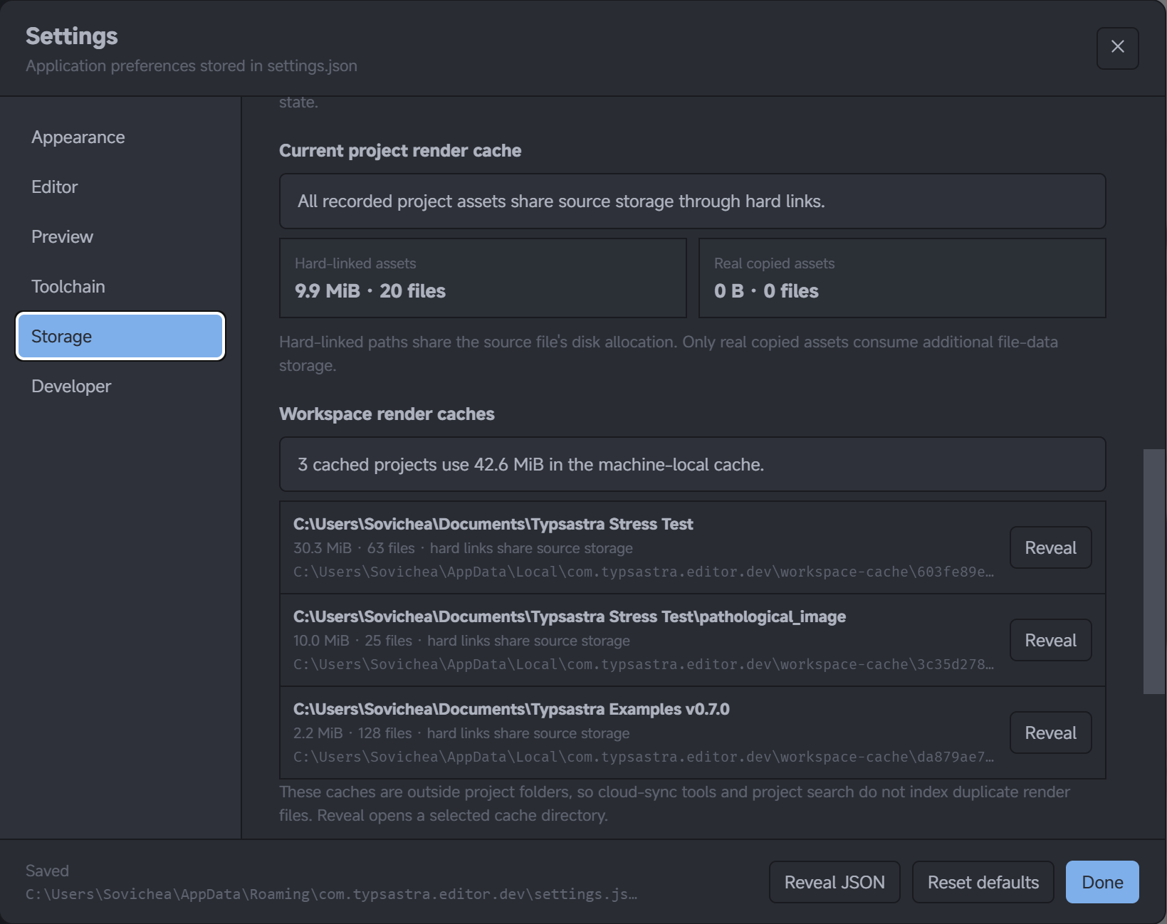 Storage settings showing workspace render-cache sizes and locations