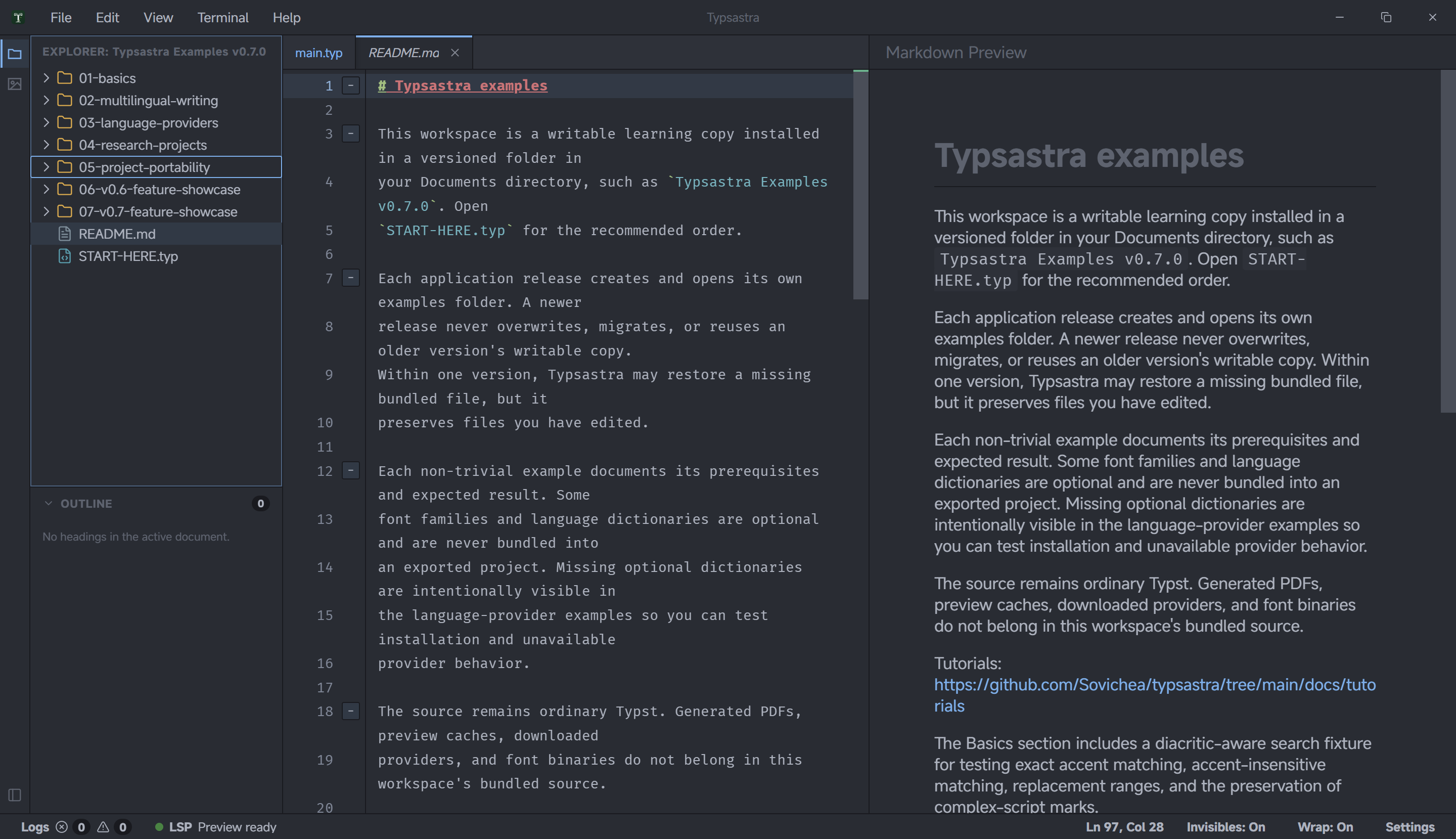 Markdown source and live preview open side by side in Typsastra