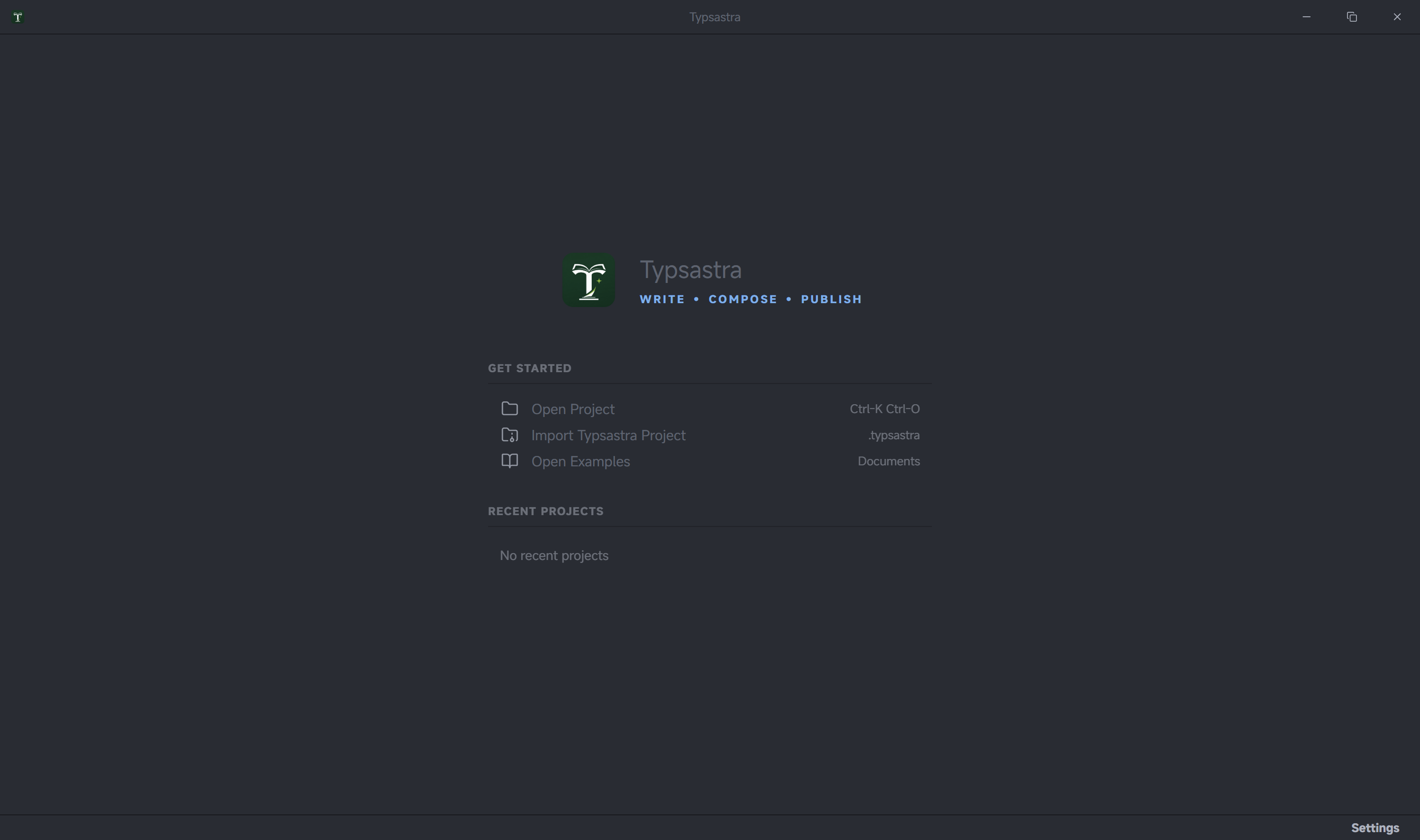 Typsastra welcome screen with project actions and recent projects